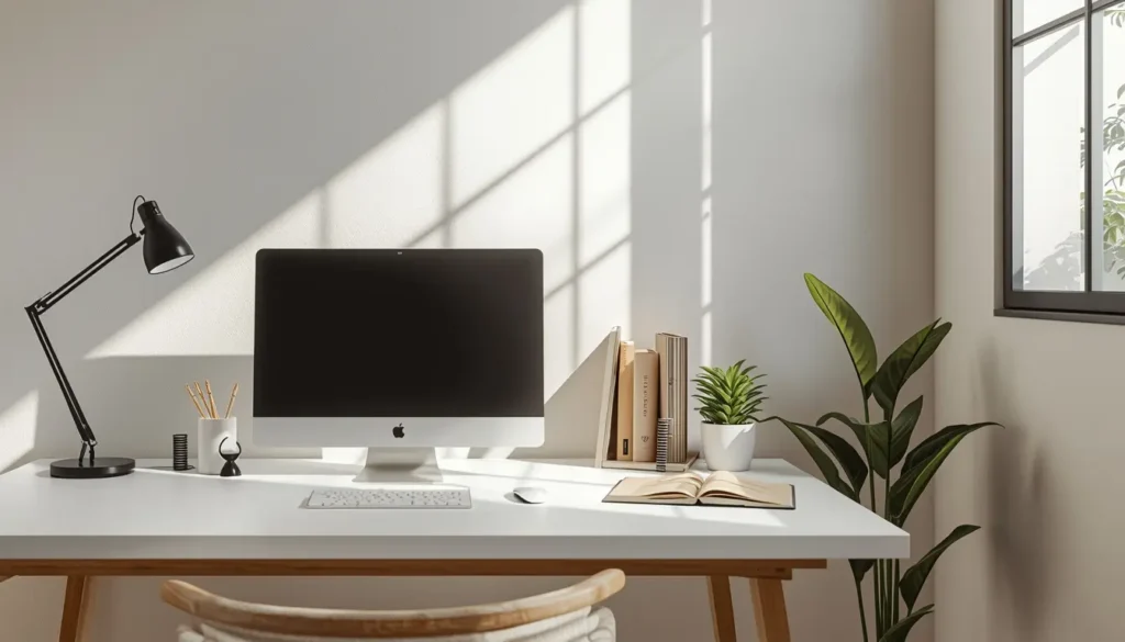 home office organizado com feng shui e difusor de alecrim para foco e produtividade