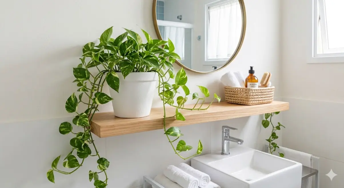 jiboia pendurada em prateleira alta banheiro feng shui