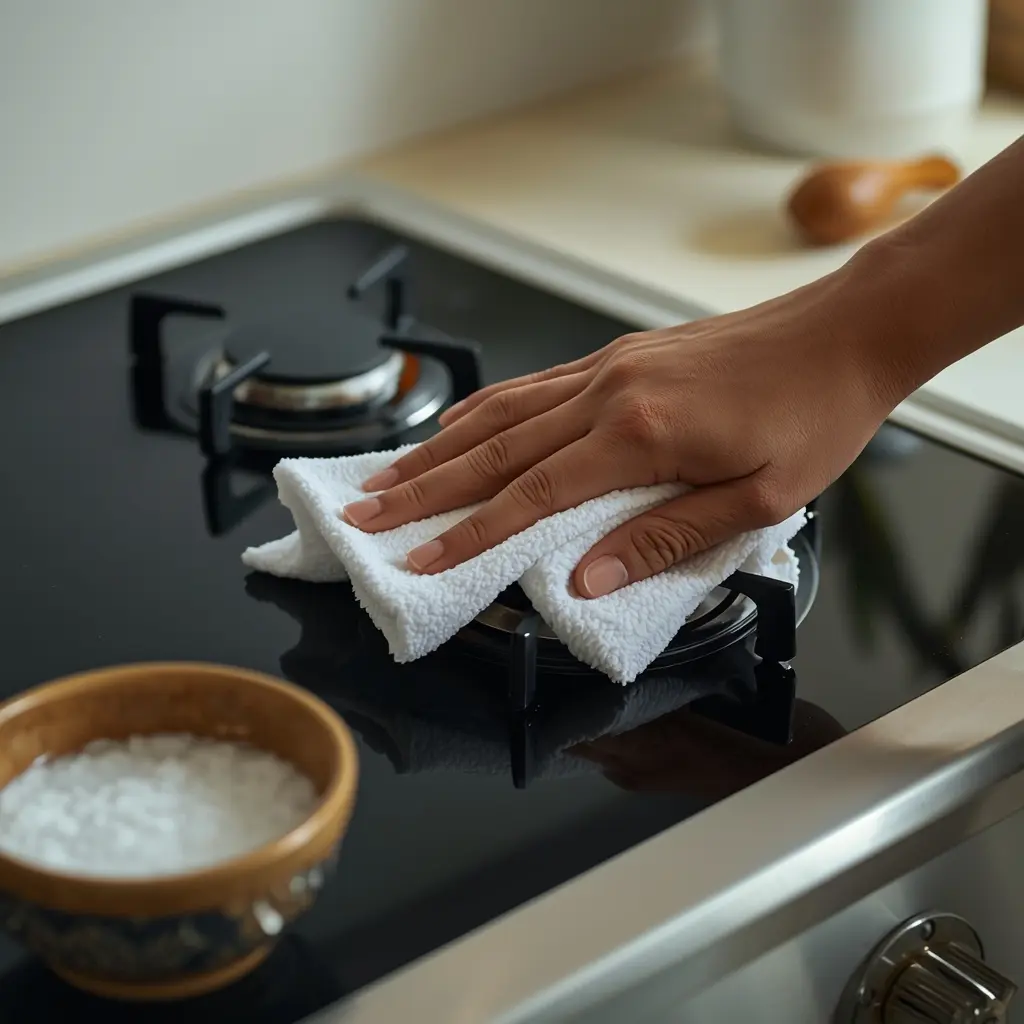 Close-up de mão realizando limpeza detalhada em queimadores de fogão com foco em manutenção e cuidado doméstico.