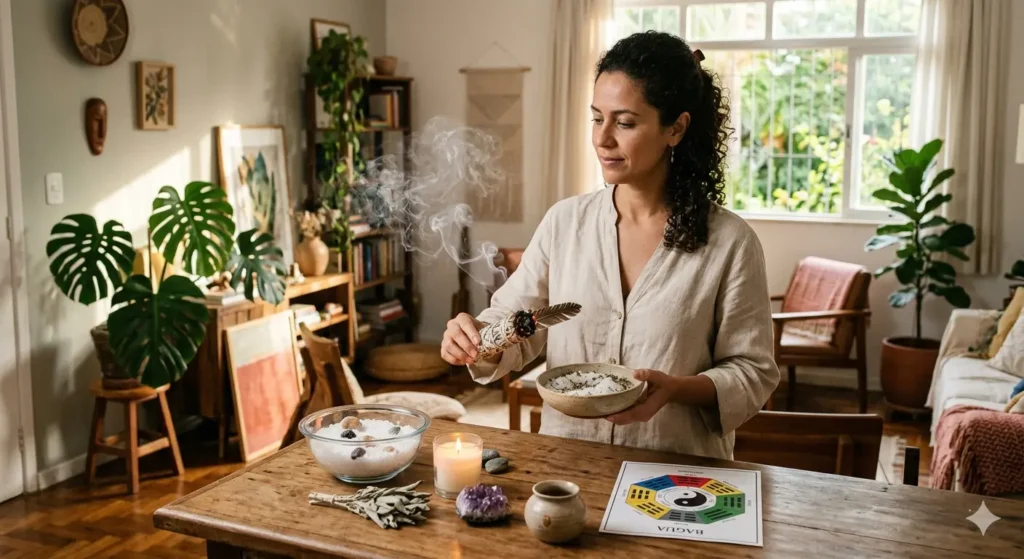Mulher fazendo limpeza energética da casa com sálvia e sal grosso segundo o Feng Shui