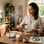 Mulher fazendo limpeza energética da casa com sálvia e sal grosso segundo o Feng Shui