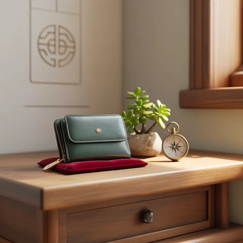 Close-up de uma carteira de couro verde sobre uma almofada de veludo vermelha, com uma planta jade e uma bússola dourada sobre uma gaveta de madeira limpa no sudeste.