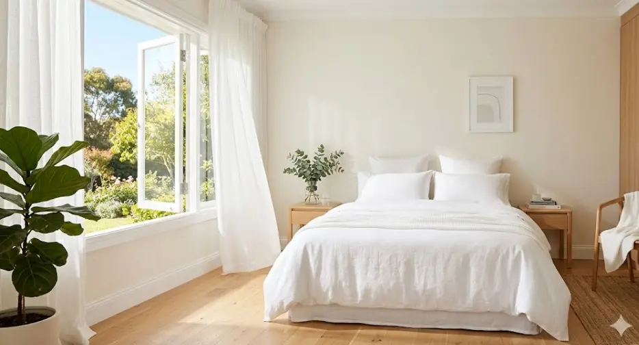 Quarto de estética natural e minimalista banhado por luz solar intensa vinda de uma janela ampla totalmente aberta, com cortinas brancas de linho flutuando com a brisa, revelando um jardim verdejante ao fundo. A cama, com lençóis brancos perfeitamente arrumada, e a planta Fiddle Leaf Fig ao lado, compõem este cenário de moradia estável: um refúgio que regula o ritmo circadiano, promove o bem-estar mental e oferece o frescor de um lar feito para durar.