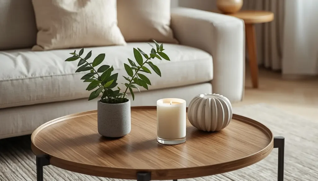 Close-up de uma mesa de centro redonda de madeira com uma pequena planta Zamioculca em um vaso cinza, uma vela branca acesa e um objeto decorativo cerâmico. Ao fundo, um sofá bege claro, ilustrando a aplicação prática de Feng Shui na sala de estar para um ambiente organizado e calmo.