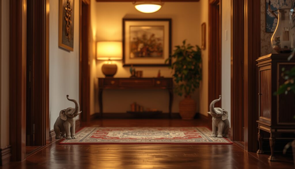 Onde colocar elefante no Feng Shui — dois elefantes na entrada da casa com tromba para cima