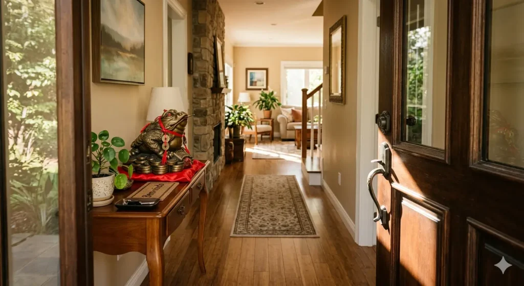 Onde colocar o sapo da sorte no Feng Shui — entrada da casa voltado para dentro