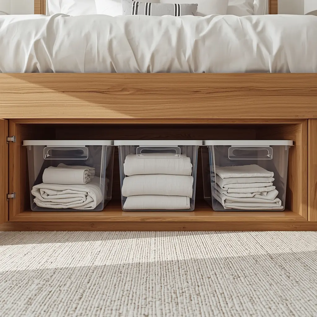 Exemplo de organização correta embaixo da cama usando caixas plásticas transparentes com roupas de cama dobradas, mantendo o espaço limpo e arejado.