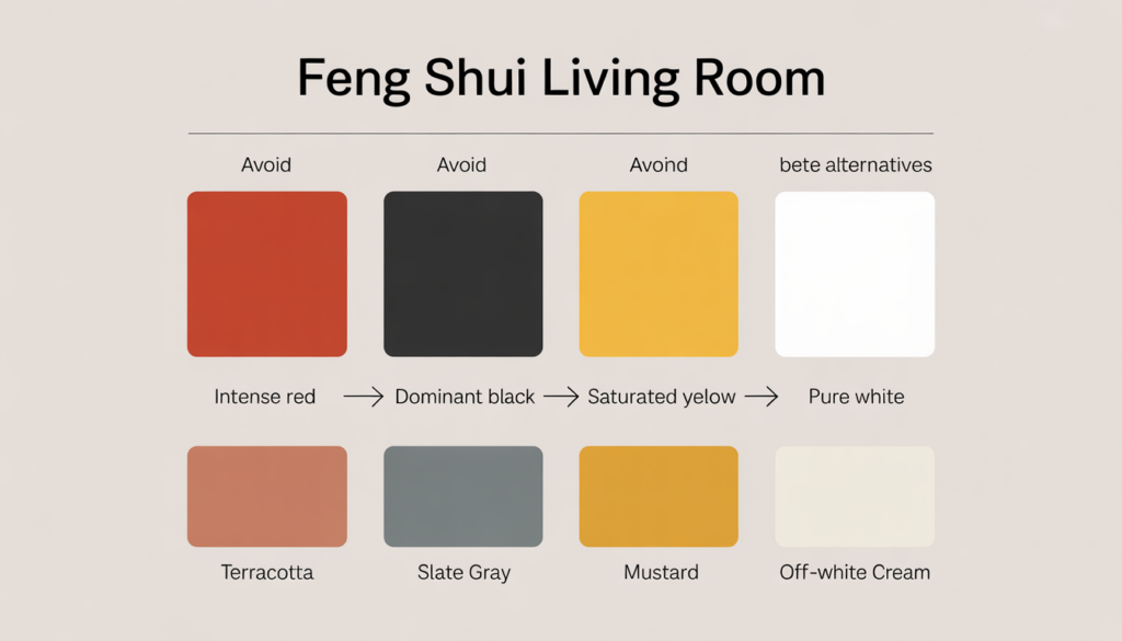 Paleta de cores para sala de estar no Feng Shui mostrando cores a evitar e alternativas recomendadas