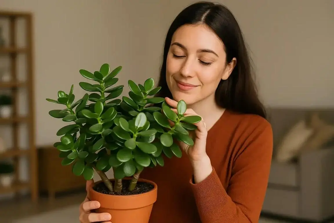 Suculenta Crassula ovata (Jade) em um vaso pequeno sobre mesa de escritório.