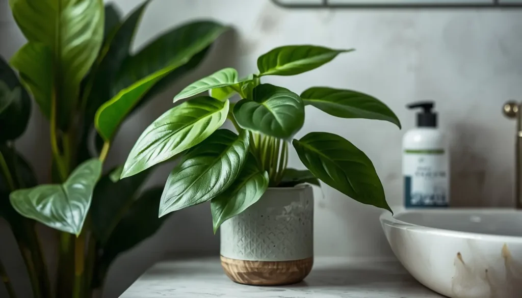 Planta Samambaia (Madeira) em um vaso cerâmico dentro de um banheiro para equilibrar o excesso de Água no Feng Shui no banheiro.