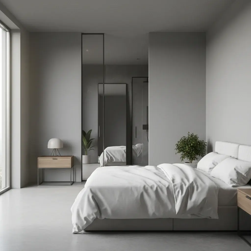 Quarto com cama alinhada à porta do banheiro aberta, mostrando o vaso sanitário ao fundo