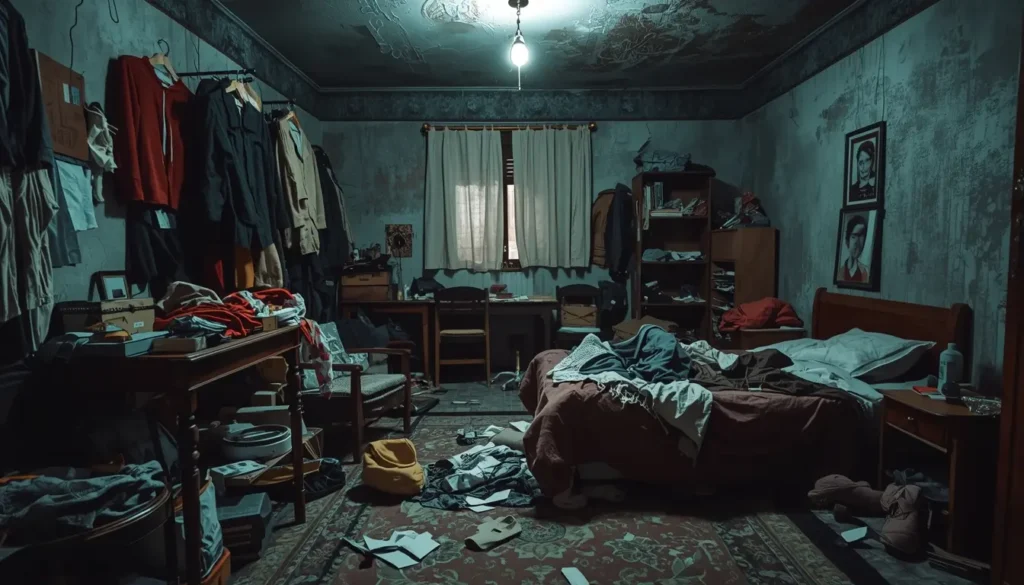 quarto bagunçado com roupas espalhadas e desorganização