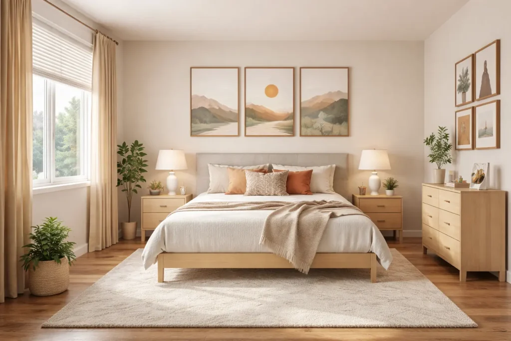 Quarto minimalista com cama central apoiada em parede sólida, mesas de cabeceira simétricas, iluminação suave, janela lateral com cortina clara e decoração equilibrada seguindo princípios do Feng Shui.