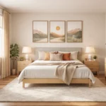 Quarto minimalista com cama central apoiada em parede sólida, mesas de cabeceira simétricas, iluminação suave, janela lateral com cortina clara e decoração equilibrada seguindo princípios do Feng Shui.