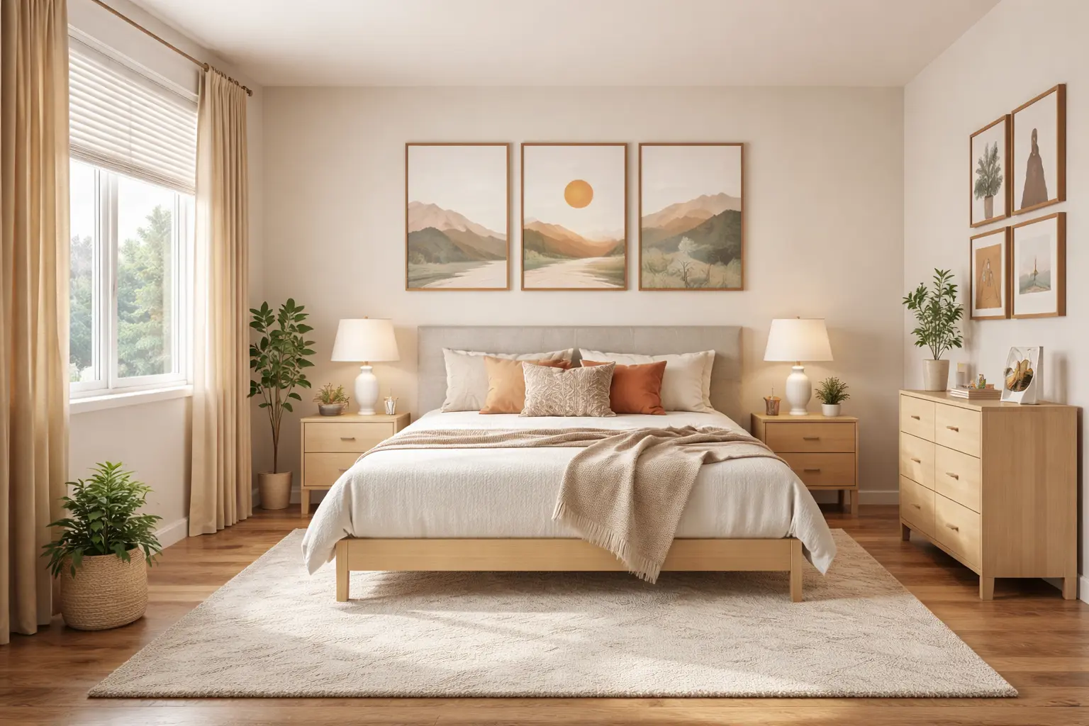 Quarto minimalista com cama central apoiada em parede sólida, mesas de cabeceira simétricas, iluminação suave, janela lateral com cortina clara e decoração equilibrada seguindo princípios do Feng Shui.