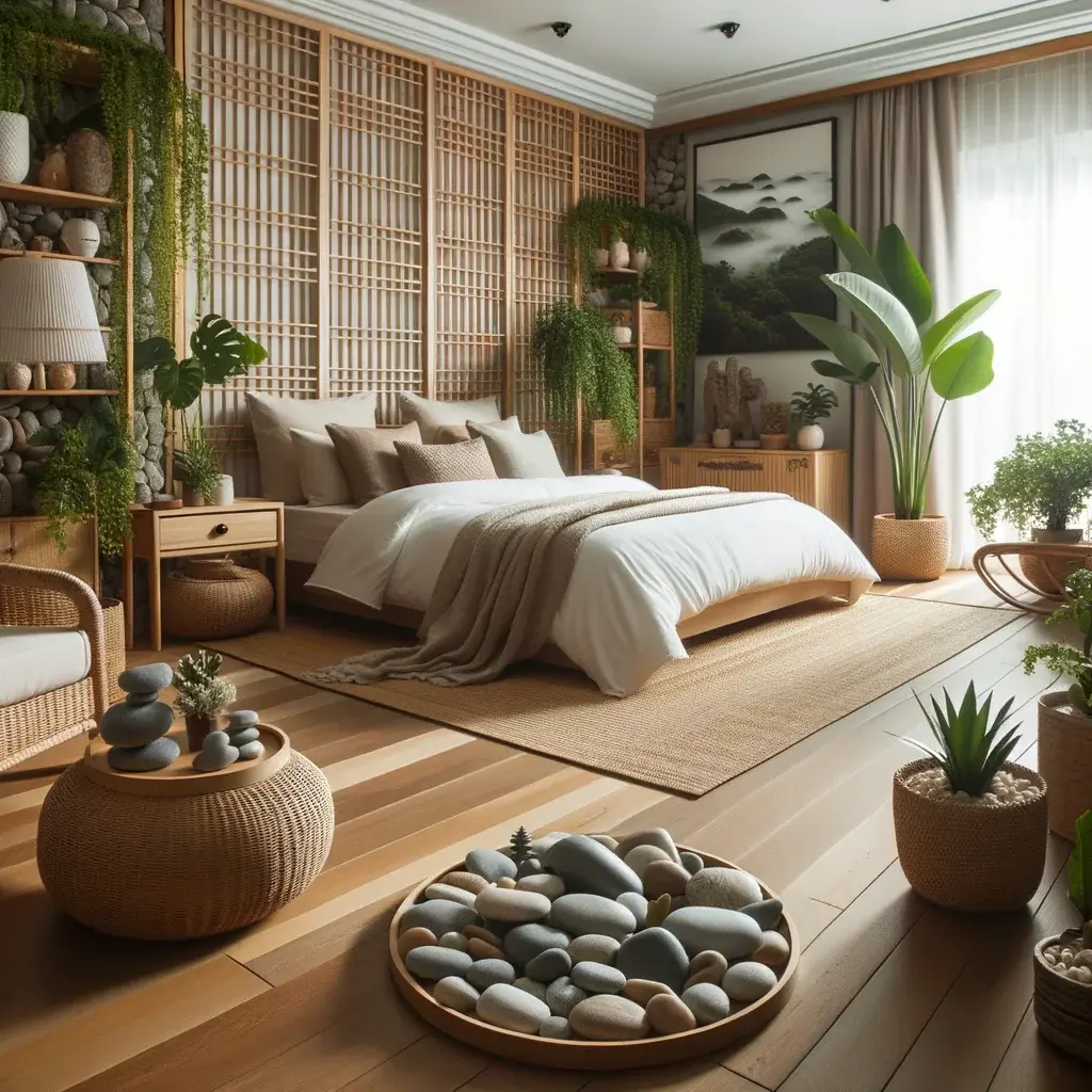 Quarto harmonizado com iluminação suave, planta e porta do banheiro fechada