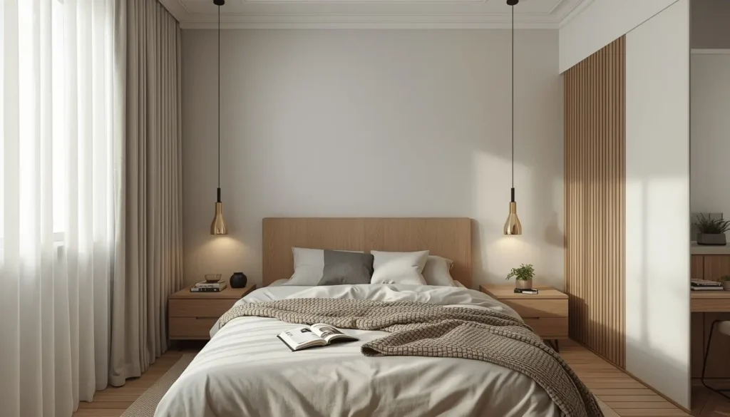 quarto organizado com superfícies limpas e minimalistas