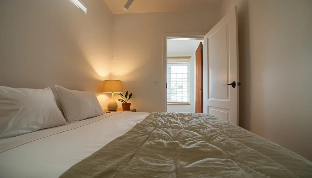 Quarto de hóspedes simples e organizado pronto para uso, seguindo o checklist de Feng Shui Urbano, com cama arrumada e porta totalmente aberta.