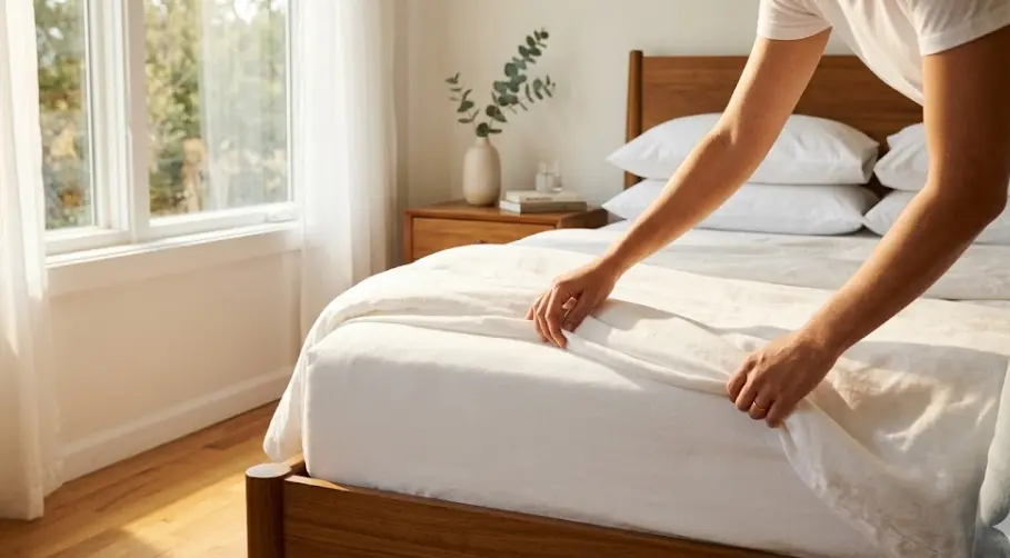 Close de mãos de uma pessoa arrumando lençóis brancos em uma cama de madeira, em um quarto iluminado pela luz natural do sol, transmitindo uma sensação de ordem, ritual matinal e cuidado com o lar.