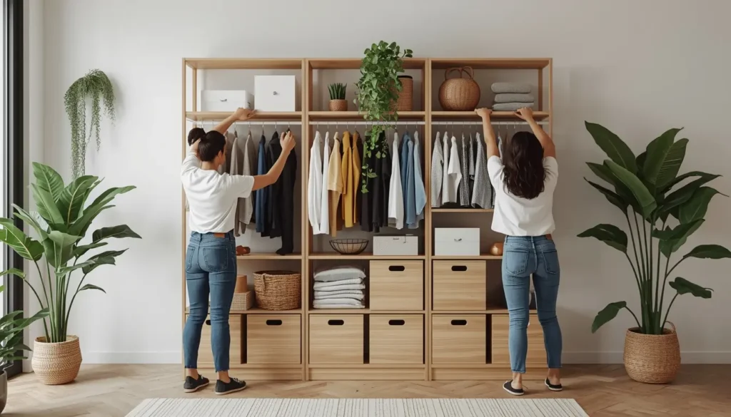 Mulher de costas organizando roupas em um guarda-roupa aberto de madeira, com prateleiras e cestas, ladeada por grandes plantas Strelitzia e uma planta pendente no centro, em um ambiente de quarto com piso de madeira.