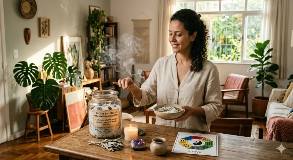 Pote de vidro com sal grosso para limpeza energética da casa no Feng Shui
