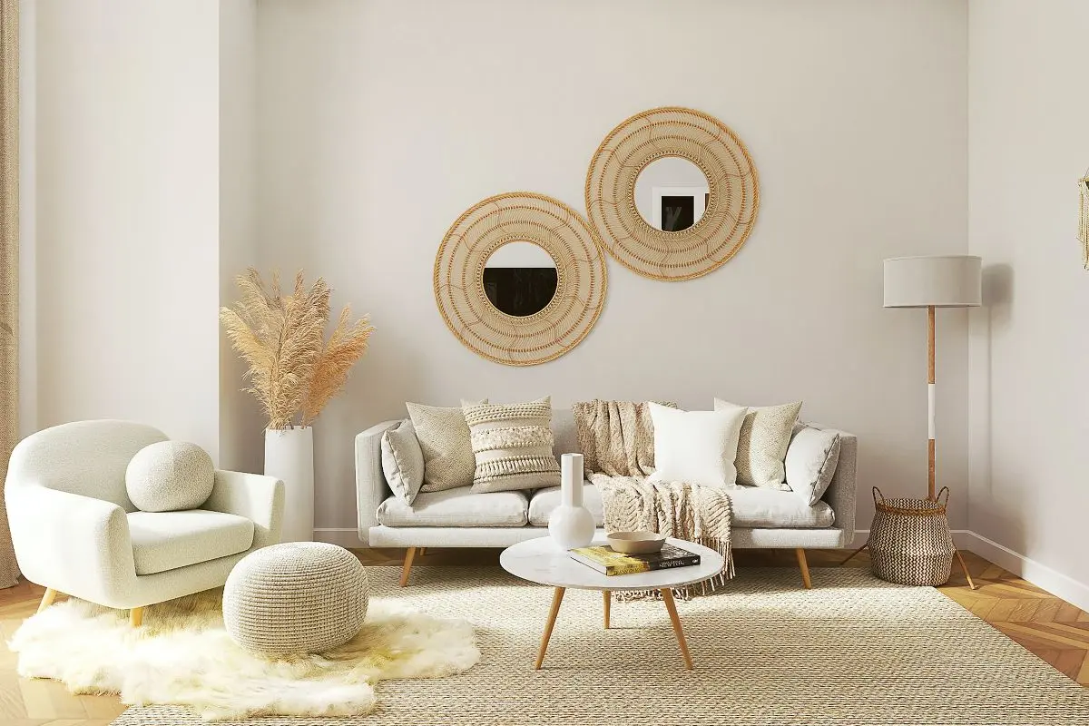 Sala de estar com decoração de estilo natural e texturas suaves, com parede clara, sofá bege com mantas e almofadas, poltrona boucle branca, tapete de juta, espelhos redondos com moldura de palha, e plantas secas, exemplificando um ambiente que promove o bem-estar mental e a redução do estresse.