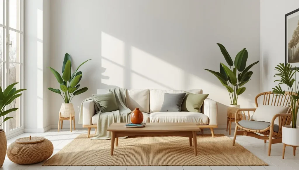 Sala de estar equilibrada com paleta 60-30-10 no Feng Shui: base neutra off-white, verde sálvia e detalhes em terracota