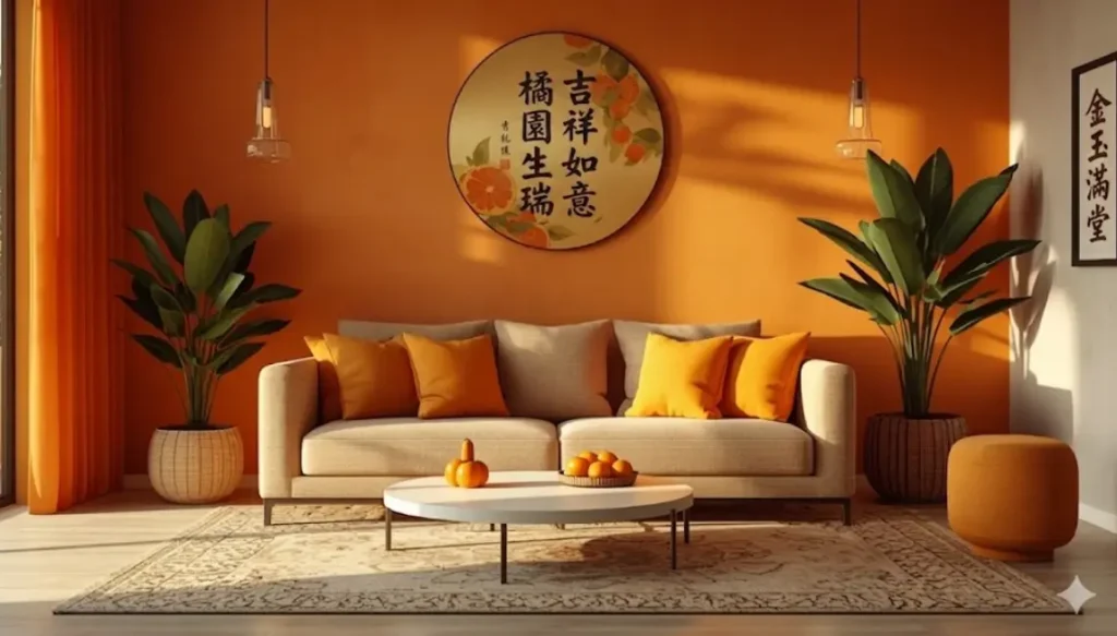 sala de estar organizada no feng shui com difusor de óleo essencial de laranja