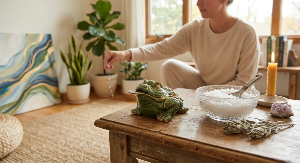 Sapo da sorte e sal grosso — limpeza energética no Feng Shui