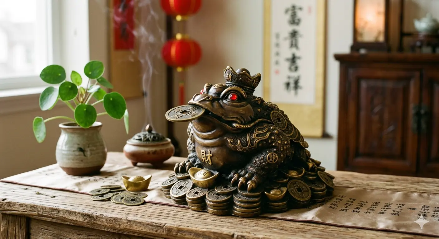 Sapo da sorte no Feng Shui — estátua com moeda na boca para atrair prosperidade