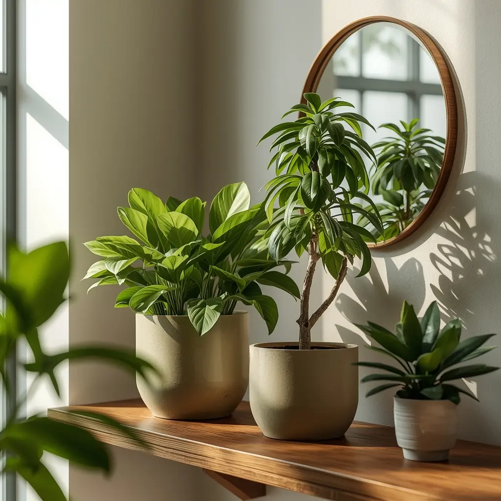 Prateleira com Zamioculca e árvore da felicidade — plantas que trazem má sorte no Feng Shui devem ser substituídas por espécies de folhas arredondadas para equilibrar a energia.