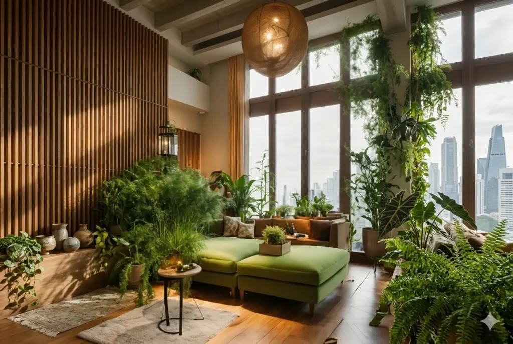 Sala com plantas e luz natural seguindo os princípios do Feng Shui para criar equilíbrio, prosperidade e bem-estar no lar.