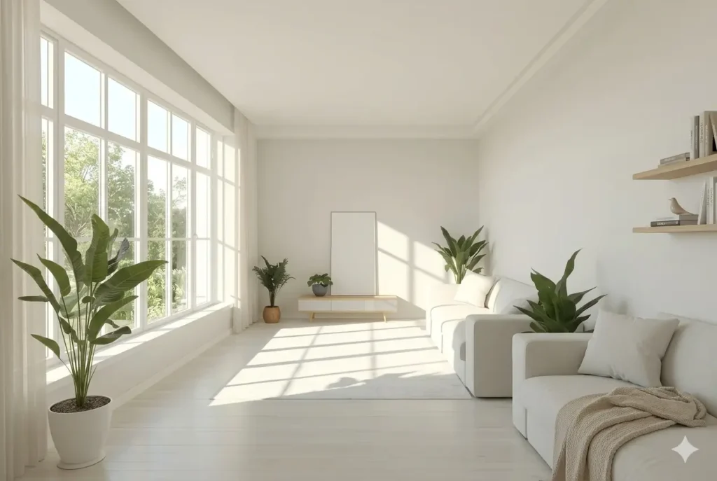 Sala de estar harmonizada com técnicas de Feng Shui para iniciantes.