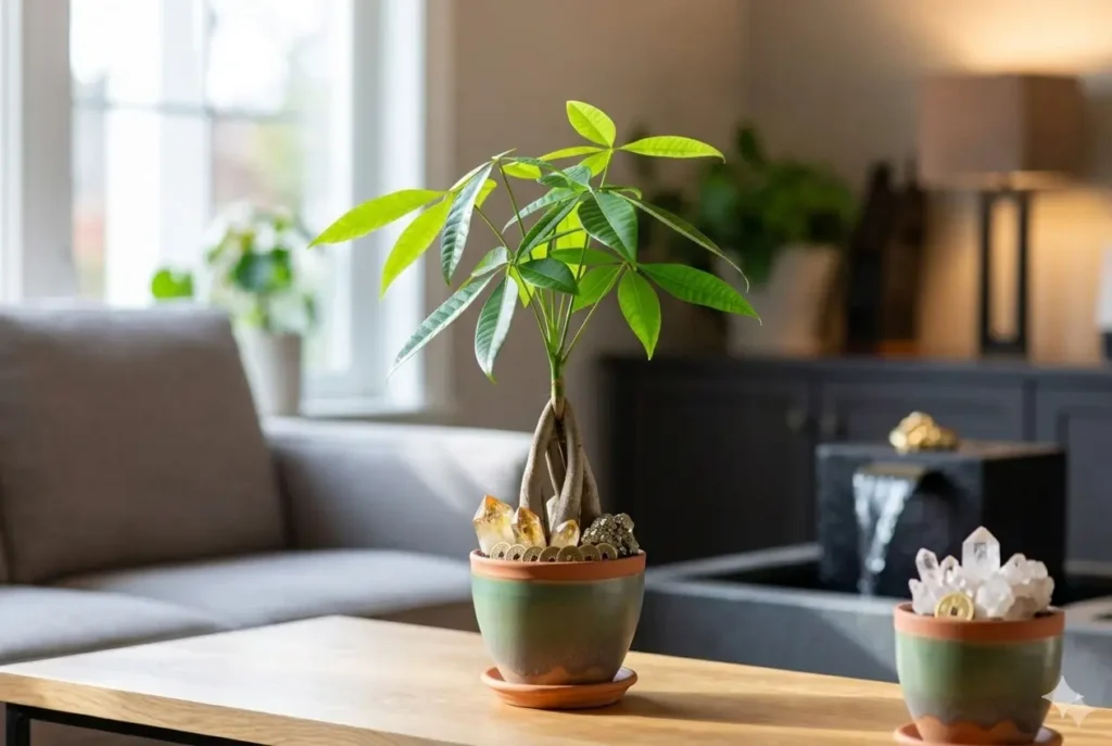 Árvore-da-Fortuna (Pachira aquatica) com tronco trançado em um vaso de cerâmica verde e terracota, posicionada em uma sala iluminada com uma fonte ao fundo.