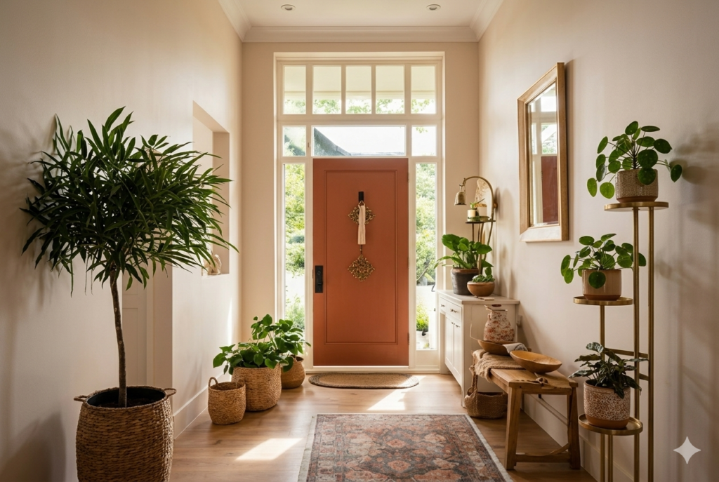 Entrada de casa iluminada e equilibrada seguindo princípios do Feng Shui. No centro, uma porta cor terracota com detalhes decorativos. O ambiente é decorado com diversas plantas verdes em vasos de fibras naturais, promovendo vitalidade. À direita, um banco de madeira e um espelho refletem a luz natural, enquanto um tapete estampado guia o fluxo de energia pelo corredor de tons neutros