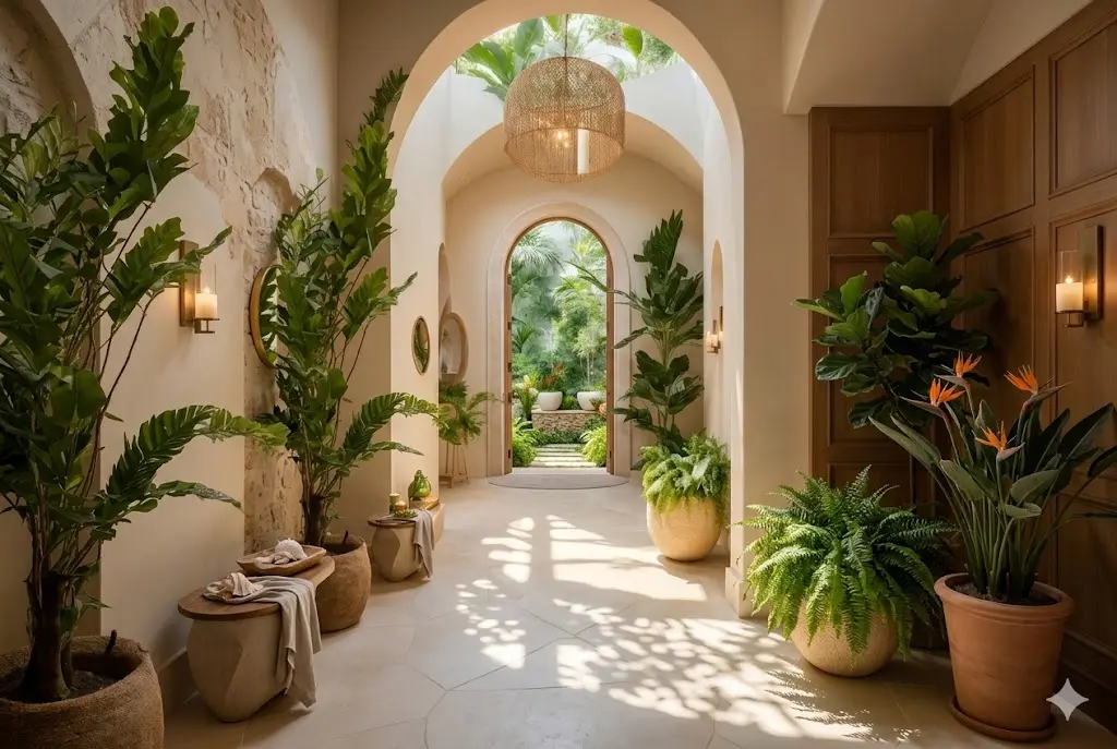 A entrada define a primeira impressão energética da casa — luz, circulação e plantas ajudam a criar acolhimento imediato.