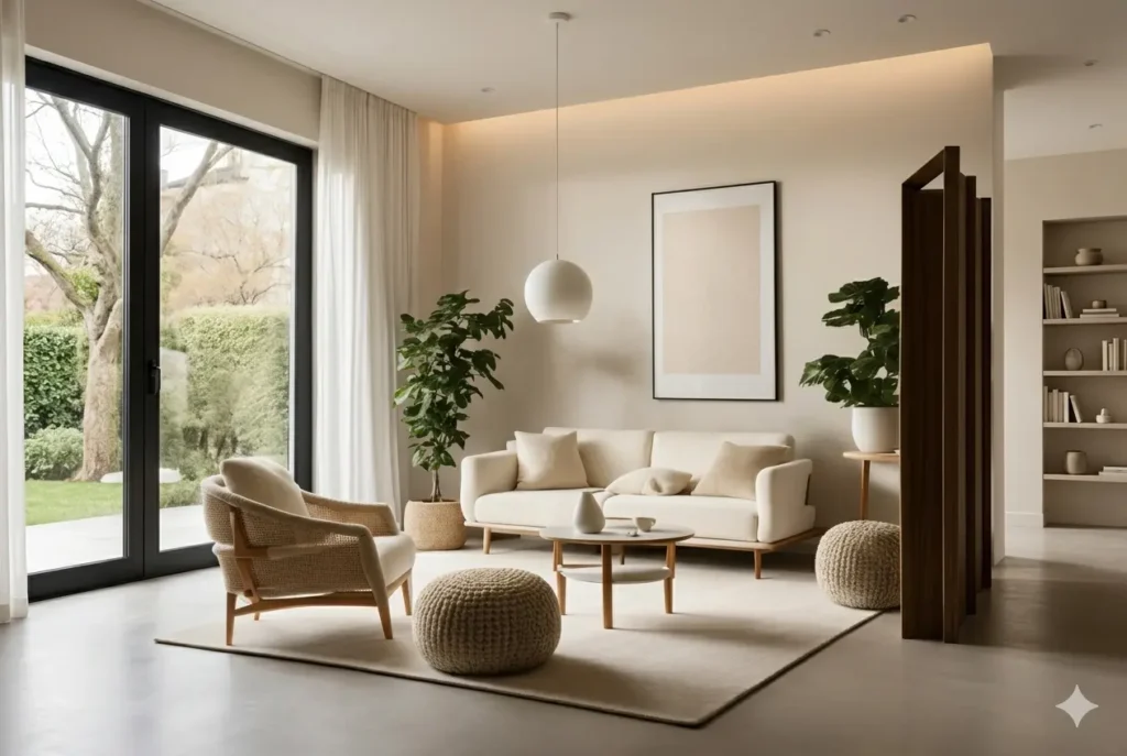 Sala clara e harmoniosa com decoração neutra, luz natural e elementos de Feng Shui na casa