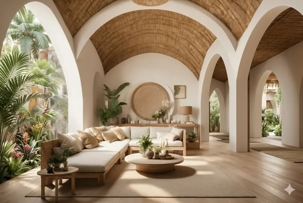 Sala de estar harmonizada segundo os princípios do Feng Shui, com posição de comando, iluminação natural e equilíbrio entre madeira e tons terrosos.