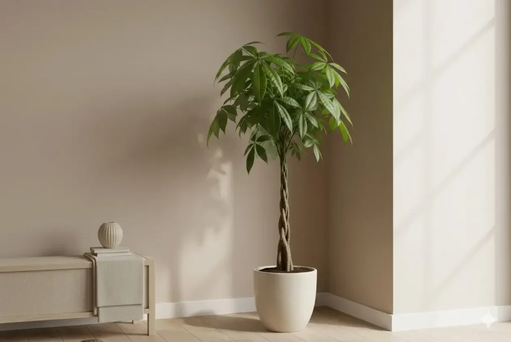 Uma Árvore-da-Fortuna (Pachira aquatica) com tronco trançado em um vaso branco, posicionada no canto de uma sala iluminada com tons neutros e decoração minimalista.