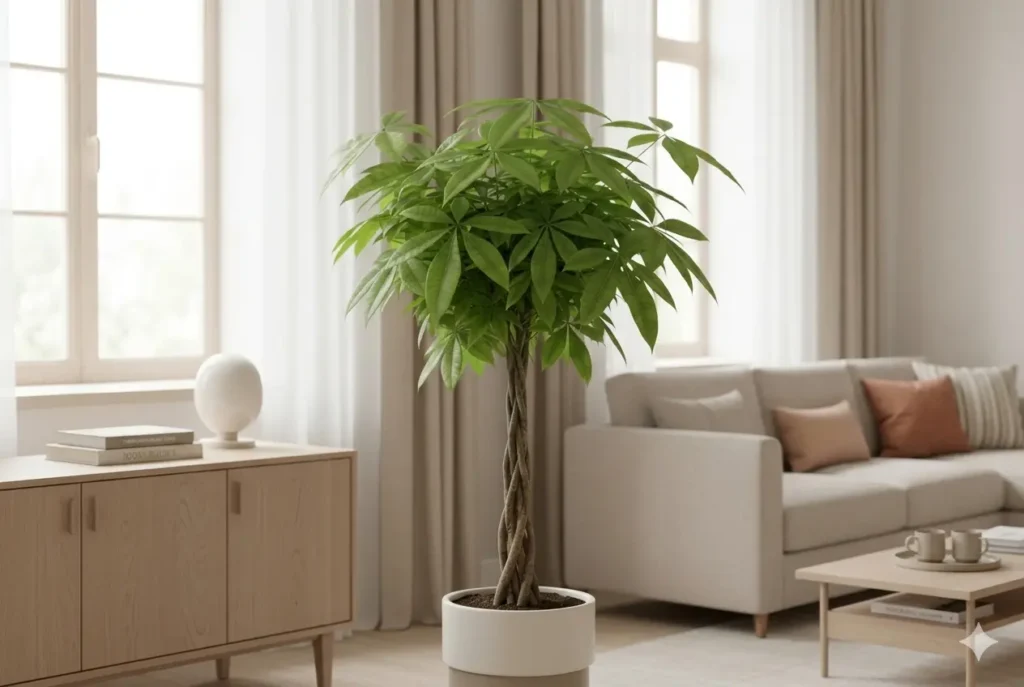 Close de uma Árvore-da-Fortuna exibindo o tronco trançado e folhas verdes em formato de estrela. A planta está em um vaso branco ao lado de um sofá cinza em uma sala bem iluminada.
